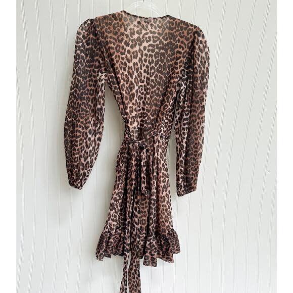 Ganni Tilden Leopard Sheer Ruched Mesh Bodycon Slip Wrap Mini Dress Ruffle Small - Picture 3 of 11